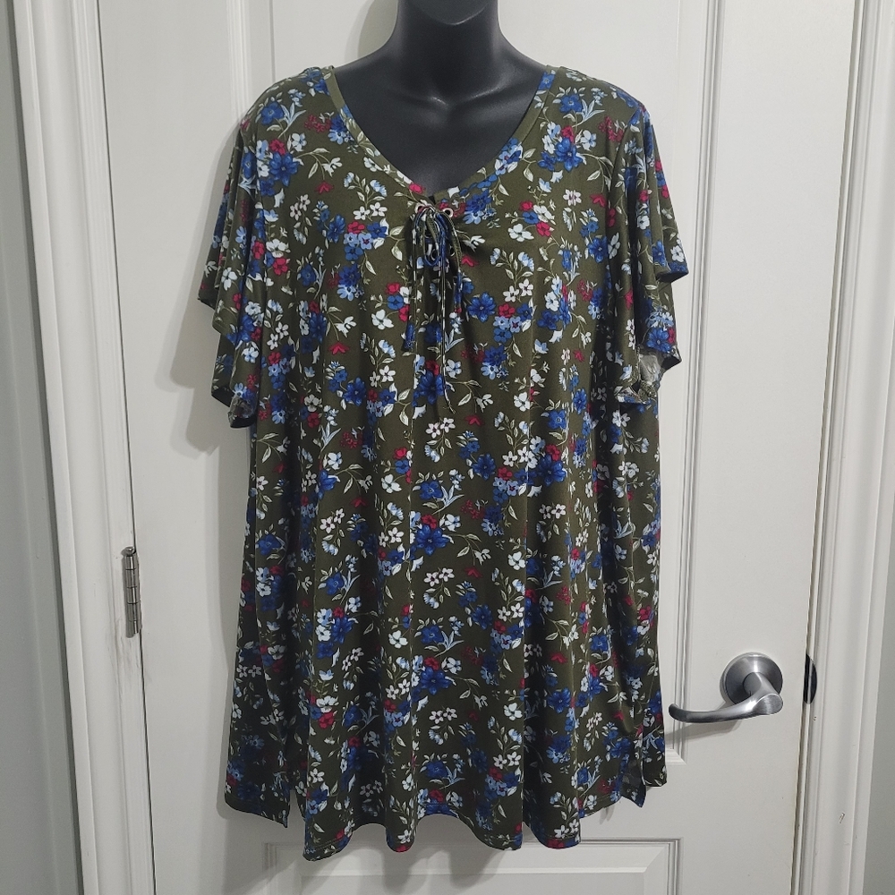 Womens Olive Floral Tie-Neck Flutter Sleeve Top